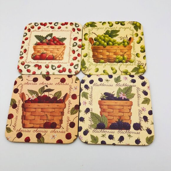 Longaberger Basket & Fruit Themed Cork Coasters Set Of 4 New - Picture 1 of 7